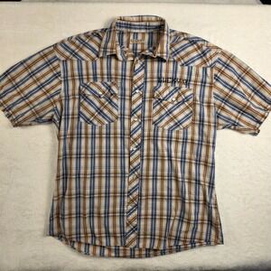 Lucky 13 Western Snap Shirt Mens L Blue Tan Plaid Excellent Blessed 13 Graphic